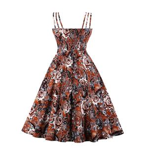 Sexy Floral Print Spaghetti Straps Sleeveless Backless High Waist Summer Party Swing Dress N20273