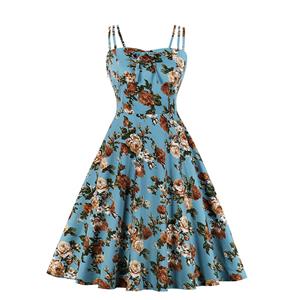 Sexy Floral Print Spaghetti Straps Sleeveless Backless High Waist Summer Party Swing Dress N20275