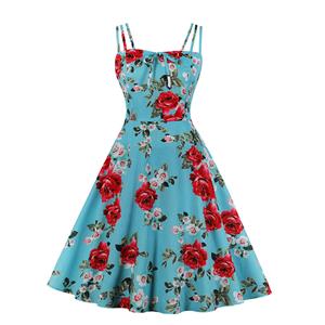 Sexy Floral Print Spaghetti Straps Sleeveless Backless High Waist Summer Party Swing Dress N20277