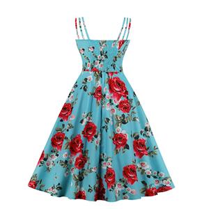 Sexy Floral Print Spaghetti Straps Sleeveless Backless High Waist Summer Party Swing Dress N20277