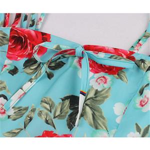 Sexy Floral Print Spaghetti Straps Sleeveless Backless High Waist Summer Party Swing Dress N20277