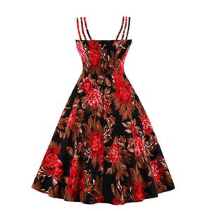 Sexy Floral Print Spaghetti Straps Sleeveless Backless High Waist Summer Party Swing Dress N20278