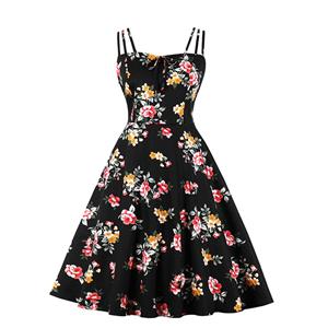 Sexy Floral Print Spaghetti Straps Sleeveless Backless High Waist Summer Party Swing Dress N20280