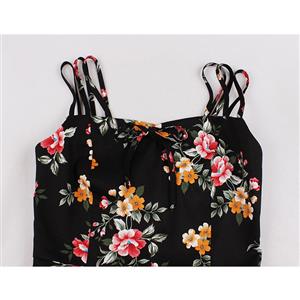 Sexy Floral Print Spaghetti Straps Sleeveless Backless High Waist Summer Party Swing Dress N20280