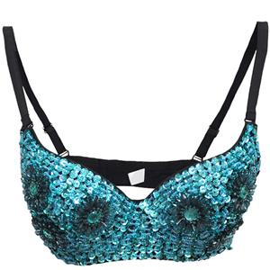 Blue Floral Studded Bead Bra Top, Sequin B Cup Bra Top, Blue Floral Studded Bead and Sequin Bra, #N12011