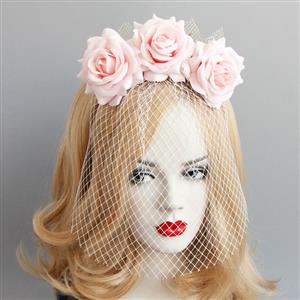 Fashion Pink Flower Crown Fishnet Face Mask Party Headband MS17250