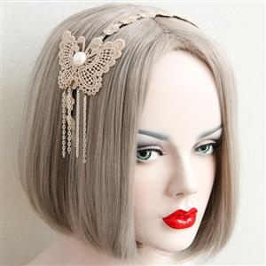 Apricot Pearl Chain Floral Lace Wedding Party Hairband J12830