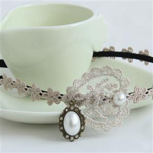 Apricot Pearl Decor Floral Lace Wedding Party Hairband J12929