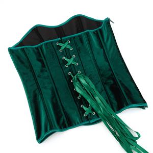Forest Green Velvet Corset Top, Front Lace-Up Bustier with Zipper for Women N23857