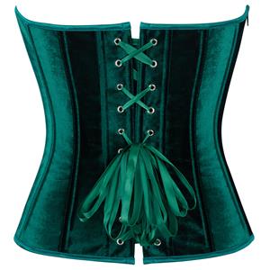Forest Green Velvet Corset Top, Front Lace-Up Bustier with Zipper for Women N23857
