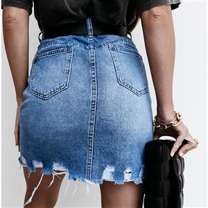 Sexy Women's Blue Bodycon Frayed Washed Burrs Holes Package Hip Denim Skirt N21207