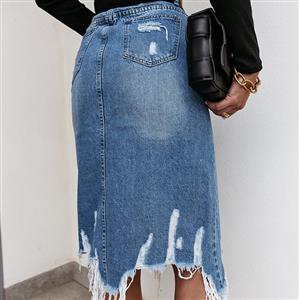 Sexy Women's Blue Bodycon Front Split Frayed Washed Midi Denim Pencil Skirt N21206