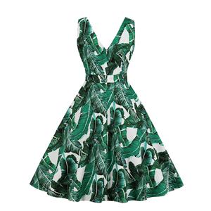 Fresh Women Green Leaf V Neck Sleeveless High Waist Midi A-Line Dress N19145