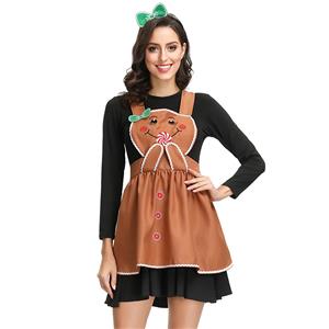 3pcs Adult Long Sleeve Gingerbread Man Cosplay Mini Dress Masquerade Costume with Apron N19153