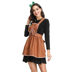 3pcs Adult Long Sleeve Gingerbread Man Cosplay Mini Dress Masquerade Costume with Apron N19153