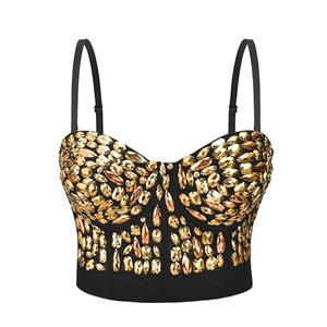 Sexy Punk Golden Studded Beads B Cup Padded Plastic Boned Clubwear Bustier Bra Top N22268