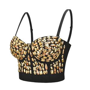 Sexy Punk Golden Studded Beads B Cup Padded Plastic Boned Clubwear Bustier Bra Top N22268