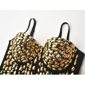 Sexy Punk Golden Studded Beads B Cup Padded Plastic Boned Clubwear Bustier Bra Top N22268