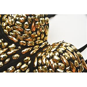 Sexy Punk Golden Studded Beads B Cup Padded Plastic Boned Clubwear Bustier Bra Top N22268