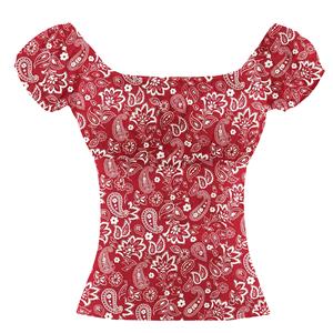 Fashion Paisley Printed Shirt, Casual Short Sleeve Tops, Paisley Printed Slim Fit T-shirt, Women's Casual Printed T-shirt, Off Shoulder Paisley Pattern T-shirt, Fashion Casual Short Sleeve Tops, #N18728