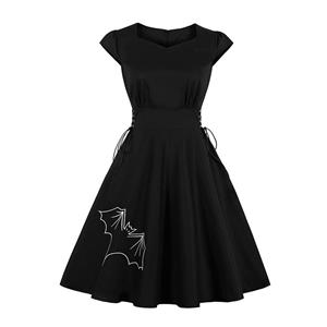 Gothic Black Bat Embroidered Side Lace-up High Waist Halloween Party Midi Dress N19587