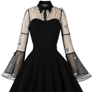 Retro Black Lapel See-through Mesh Azure Butterfly Flare Sleeve Stitching A-line Dress N22462