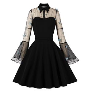 Retro Black Lapel See-through Mesh Azure Butterfly Flare Sleeve Stitching A-line Dress N22462