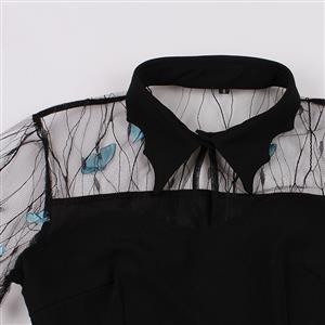 Retro Black Lapel See-through Mesh Azure Butterfly Flare Sleeve Stitching A-line Dress N22462