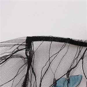 Retro Black Lapel See-through Mesh Azure Butterfly Flare Sleeve Stitching A-line Dress N22462