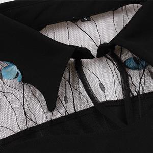 Retro Black Lapel See-through Mesh Azure Butterfly Flare Sleeve Stitching A-line Dress N22462