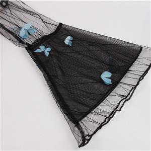 Retro Black Lapel See-through Mesh Azure Butterfly Flare Sleeve Stitching A-line Dress N22462
