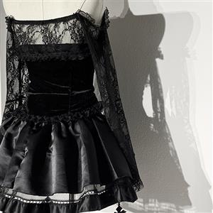 Gothic Black Lace Sleeve Bustier and Ruffled Skirt Set with Detachable Shoulder Cape N23804