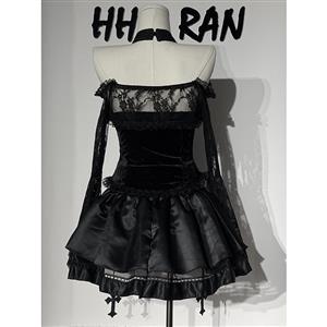 Gothic Black Lace Sleeve Bustier and Ruffled Skirt Set with Detachable Shoulder Cape N23804
