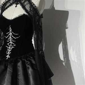 Gothic Black Lace Sleeve Bustier and Ruffled Skirt Set with Detachable Shoulder Cape N23804