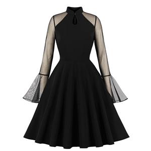 Vintage Black Half-high Collar Mesh Flare Sleeve Stitching A-line Midi Dress N23137