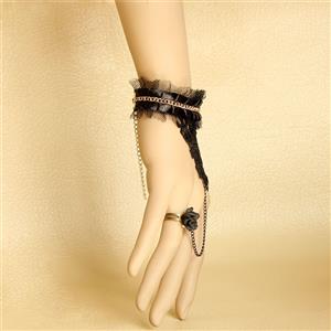 Gothic Black Floral Lace Wristband Victorian Bracelet with Ring J17859