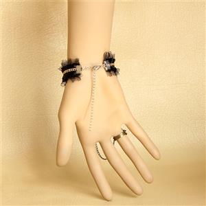 Gothic Black Floral Lace Wristband Victorian Bracelet with Ring J17859