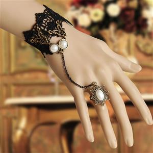 Gothic Black Floral Lace Wristband Victorian Bracelet with Ring J17866