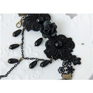 Gothic Black Floral Lace Wristband Rose Embellishment Bracelet with Ring J17835