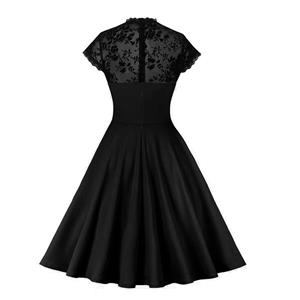 Vintage Black Floral See-through Flying Sleeve Stitching A-line Dress N23136