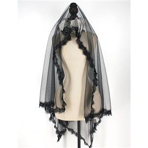 Gothic Black Ghost Bride See-through Tulle Veil Halloween Cosplay Accessory N23245