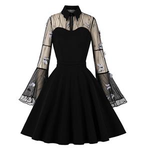 Retro Black Lapel See-through Mesh Grey Butterfly Flare Sleeve Stitching A-line Dress N22459
