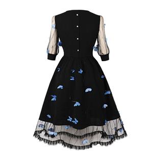 Gothic Black See-through Mesh Double Layer Half Sleeve Crew Neck Butterfly A-line Dress N21582