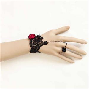 Gothic Black Lace Wristband Red Rose Embellished Bracelet with Ring J18100