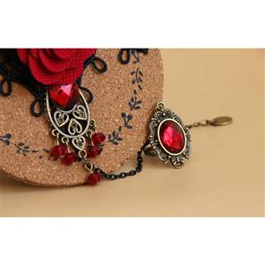 Goehic Black Lace Wristband Red Rose Gem Embellished Bracelet with Ring J18109