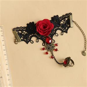 Goehic Black Lace Wristband Red Rose Gem Embellished Bracelet with Ring J18109