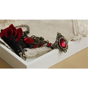 Goehic Black Lace Wristband Red Rose Gem Embellished Bracelet with Ring J18109