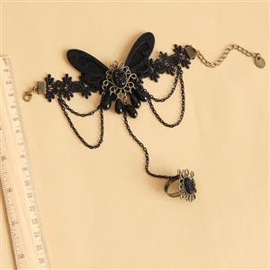 Gothic Black Lace Wristband Black Butterfly Embellished Bracelet with Ring J18126