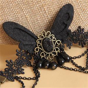 Gothic Black Lace Wristband Black Butterfly Embellished Bracelet with Ring J18126