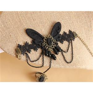 Gothic Black Lace Wristband Black Butterfly Embellished Bracelet with Ring J18126